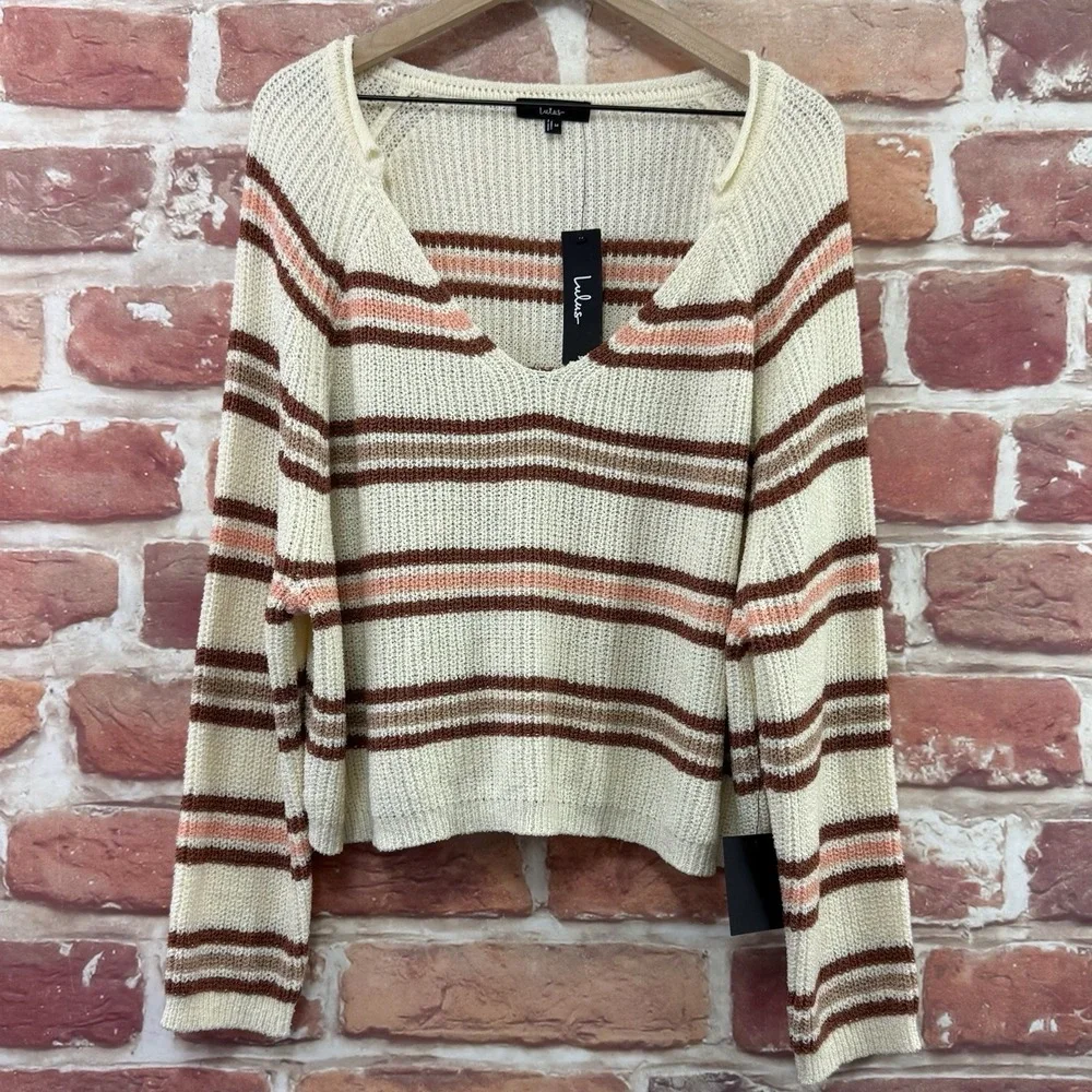 Lulus Sweater Women's M Cream Multicolor Striped Cropped Casual Knit Popover